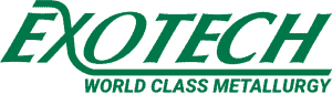 Exotech logo in green with company name and text 'World class metallurgy'.