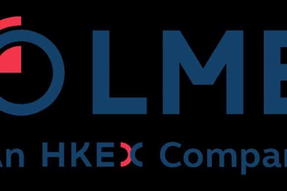 London Metal Exchange logo in red and blue on black background with text LME An HKEX company