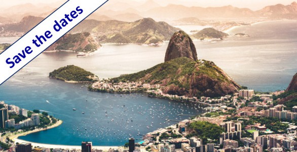 View of Sugarloaf mountain, Rio de Janeiro, Brazil with text: Save the dates