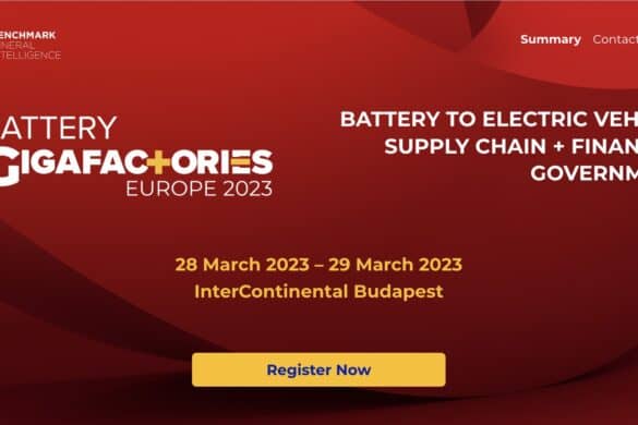 Text on red background: Battery Gigafactories Europe 2023, battery to electric vehicles supply chain, 28 March-29 March 2023, InterContinental Budapest.