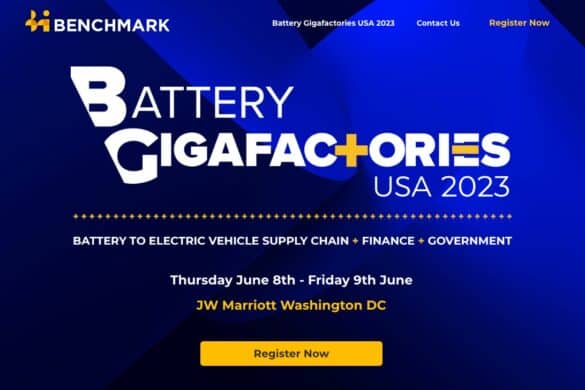 Text on cobalt blue background: Battery Gigafactories USA 2023, hursday 8 Juna-Friday 9 June, JW Mariott, Wasington DC
