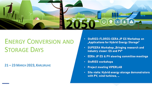 Drawn image featureing green field and number 2050 with text energy Conversion and Storage Days, 1-2 March, Karlsruhe