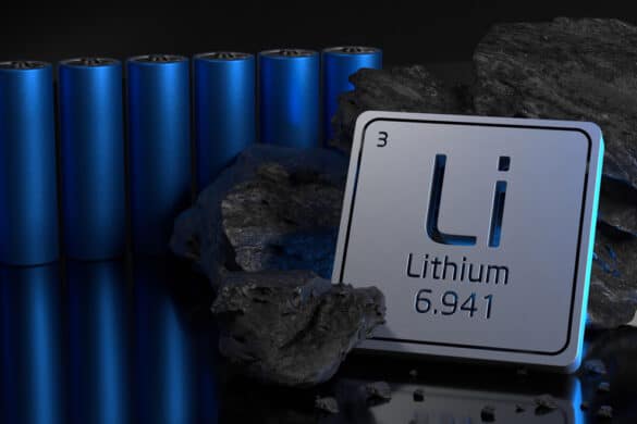 Lihtium chemical symbl and rock on battery background. JLStock at Shuttlestock