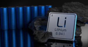 Lithium chemical symbol with rock and battery background