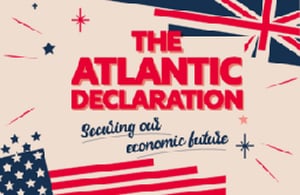 Poster of The Atlantic Declaration in 1940s style featuring abstract USA and UK flags and text: Securing our economic future