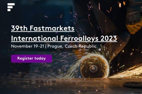Photo of a cutting tool cutting through metal, producing sparks. includes text; 9th Fastmarkets International Ferroaloys 2023, November 19-21, Prague. Czech Republic