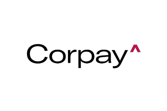 Corpay logo in black letters on white background, ending in a red chevron