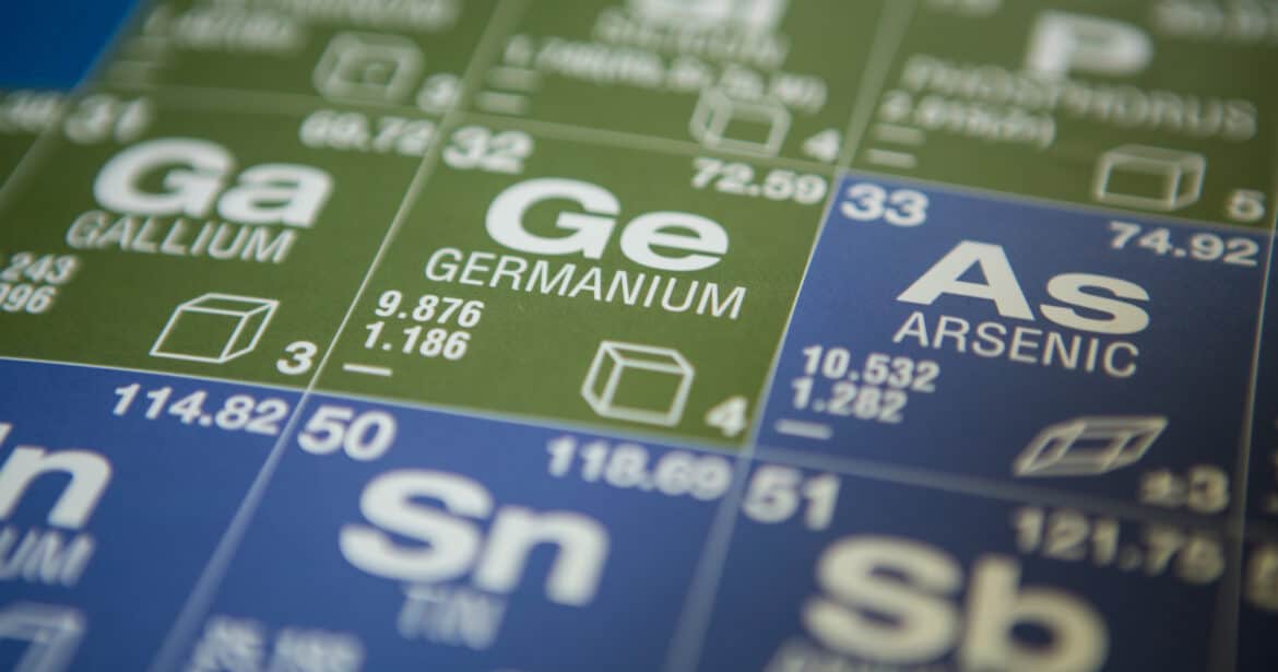 Photo of gallium and germanium chemical symbols positioned on the periodic table in green and blue. Image by IntothelightPhotography, Shuttlestock