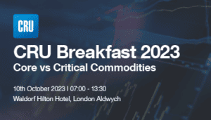 Abstract image overlaid with CRU logo and text that reads CRU Breakfast 2023 Core vs Critical Commodities and event date and venue