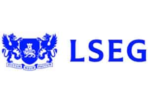 London Stick Exchange Group (LSEG) logo in blue featuring a crest, with a shield held by two griffins and Latin text Dictum, Meum, Pactum that translates as My word is my bond