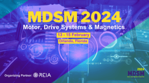Stylised image in purple and teal blue of a car dashboard, overlaid with text that says MDSM 2024, Motor, Drive Systems and Magnets, 13-15 February, Orlando, Florida and a logo of REIA, the Rare Earths Industry Association Featuring circles and acronym letters in white