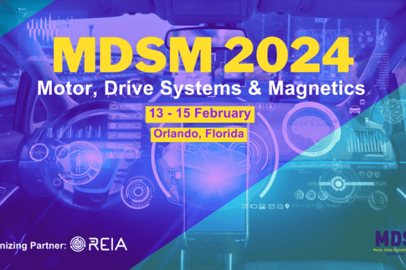 Stylised image in purple and teal blue of a car dashboard, overlaid with text that says MDSM 2024, Motor, Drive Systems and Magnets, 13-15 February, Orlando, Florida and a logo of REIA, the Rare Earths Industry Association Featuring circles and acronym letters in white