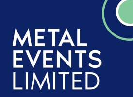 Metal Events logo with company name in white and three concentric circles in white and mint green in the upper right hand corner, on dark blue background