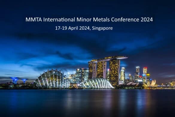 Night-time waterfront view of Singapore with text MMTA International Minor Metals Conference 2024, 17-19 April 2024, Singapore