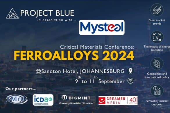 Event banner with logos and text 'Project Blue in association with Mysteal, Critical Materials Conference Ferroalooys 2024, Sandton Hotel, Johannesburg, 9-11 September