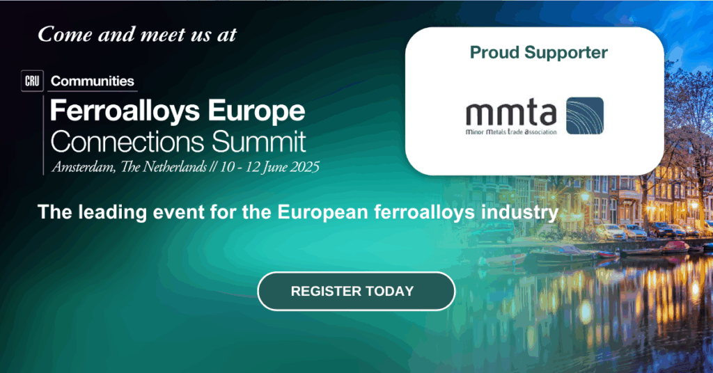 Banner with view of Amsterdam and text 'CRU Communities 12th Ferroalloys Europe Connections Summit, Amsterdam, Netherlands, 10-12 June 2025. The leading event for the European ferroalloys industry. Register today'