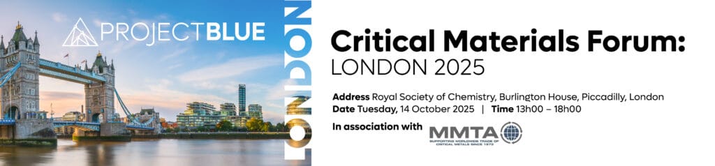 Critical Materials Forum London 2025 banner with image of the Tower Bridge, address 'ROyal Society of Chemistry, Burlington House, Piccadilly', date '14th October 2025' and Project Blue and MMTA logos