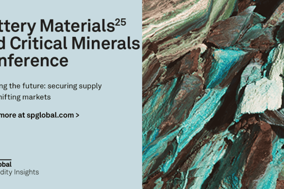 Banner for Battery Materials and Critical Minerals Conference 2025 illustrated with an image of cobalt ore and S & P Global Commodity Insights logo. Text says 'Powering the future: securing supply amid shifting markets'