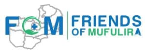 Friends of Mufulira logo with letters FOM in blue and green on a Zambia map outline