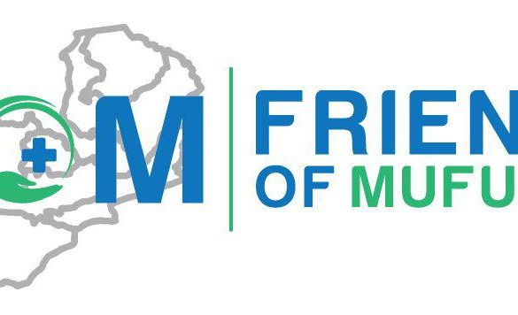 Friends of Mufulira logo with letters FOM in blue and green on a Zambia map outline
