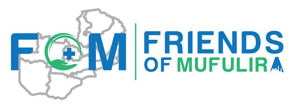 Friends of Mufulira logo with letters FOM in blue and green on a Zambia map outline