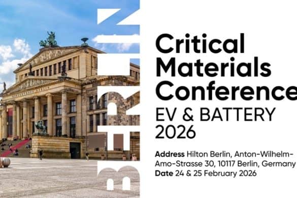 Event banner illustrated with a neoclassical building against a blue sky and the word 'Berlin' with text 'Criticl Materials Conference, EV & Battery 2026, Hilton, Berlin, 24-26 February 2026'