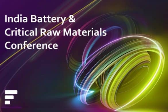 Light graphic on a purple background with Fastmarkets' three bar logo and text 'India Battery & Critical Raw Materials Conference