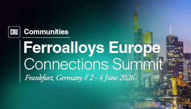 Banner for CRU Ferroalloys Europe Connections Summit 2026 eith a Frankfurt skyline on a teal background
