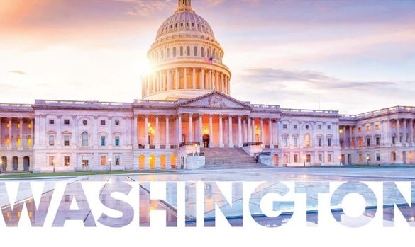 Image of the Senate, Washington DC with text WASHINGTON cut out on a white foreground