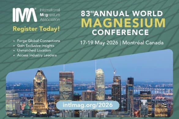 Banner for the 83rd Annual World Magnesium Conference, May 17-19 2026, with a view of Montreal and the International Magnesium Association (IMA) logo.