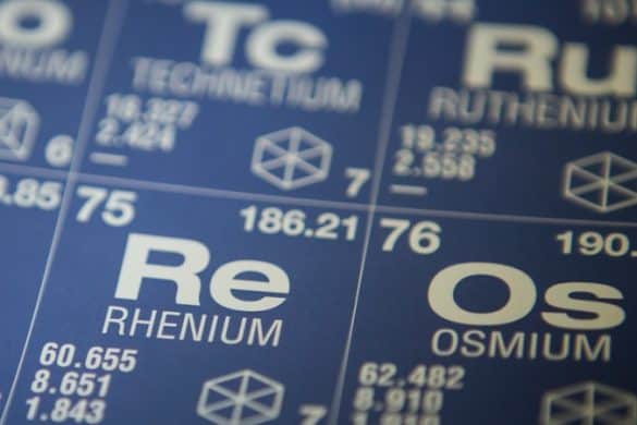 Rhenium element cell in the periodic table, while on blue background, Image by IntothelightPhotography at Shuttlestock
