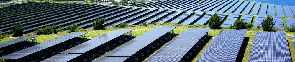 Solar farm with solar panels pointed upwards towards teh sun on a hillside, image by maroke at Shutterstock