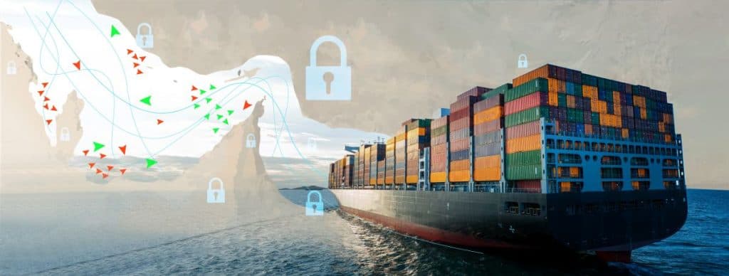 A container ship with the map of the Straits of Hormuz in the background and images of padlocks